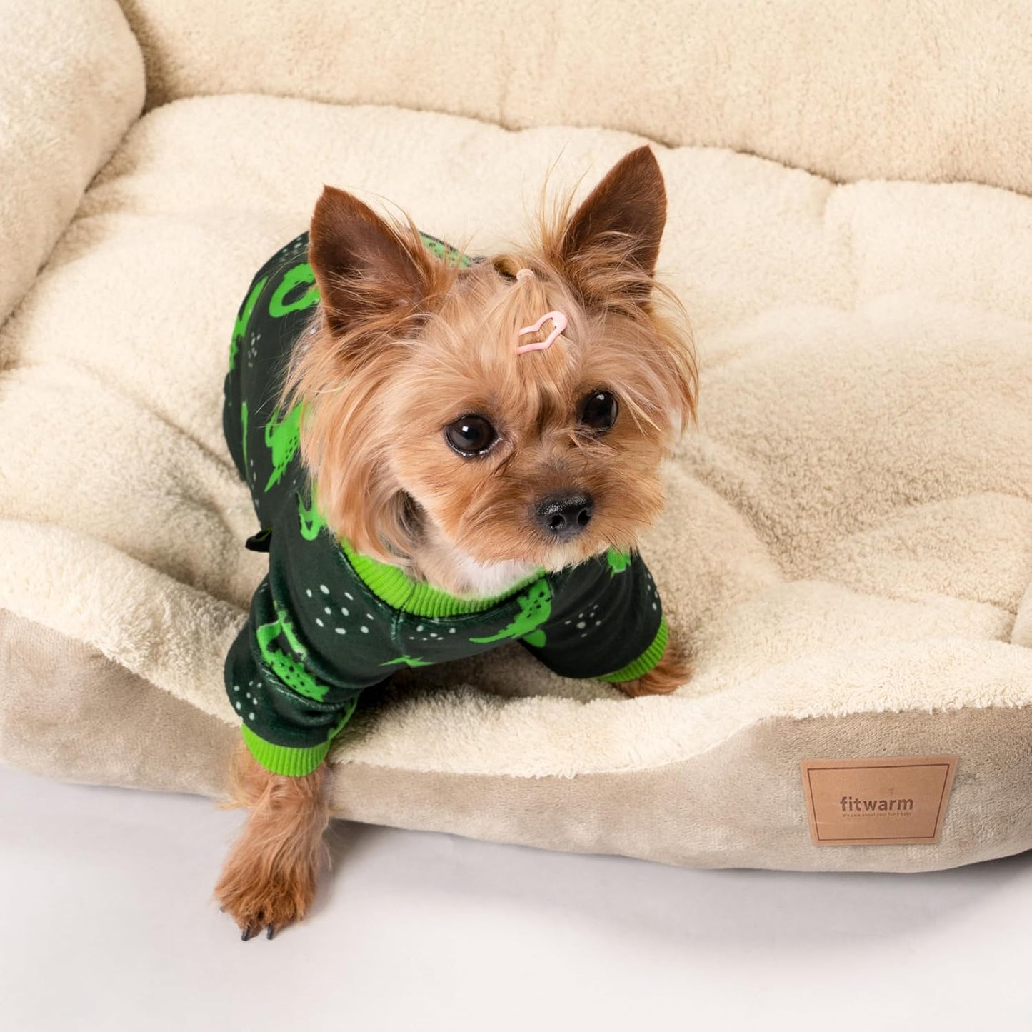 Fitwarm Dinosaur Dog Fleece Pajamas, Warm Clothes for Small Dogs Boy, Cozy Pet Onesie with Feet, Dark Green, Bright Green, Small