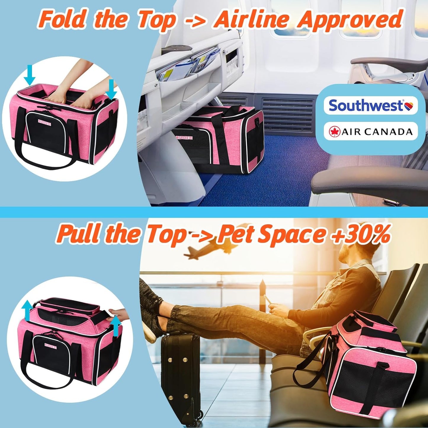 Petskd Top-Expandable Pet Carrier 18x13x9.5 Inches Southwest Airline Approved, Soft-Sided Carrier for Small Cats and Dogs with Locking Safety Zippers and Anti-Scratch Mesh(Pink)