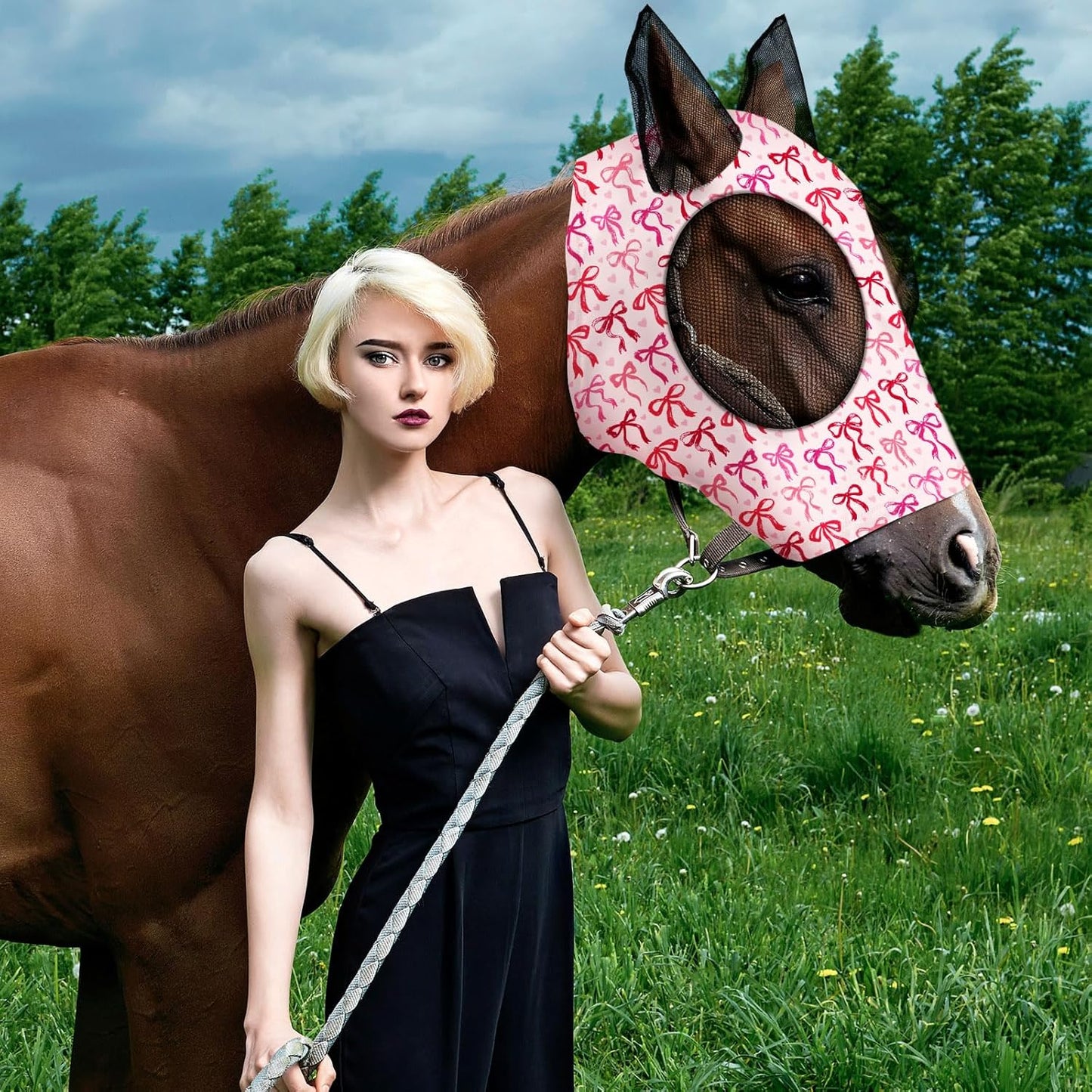 Chunful 6 Pcs Horse Fly Masks with Ears Smooth and Comfortable Cashel Mesh Fly Mask Elasticity Breathability UV Protection Horse Face Covering for Riding Supplies(Pink Bow,Large)