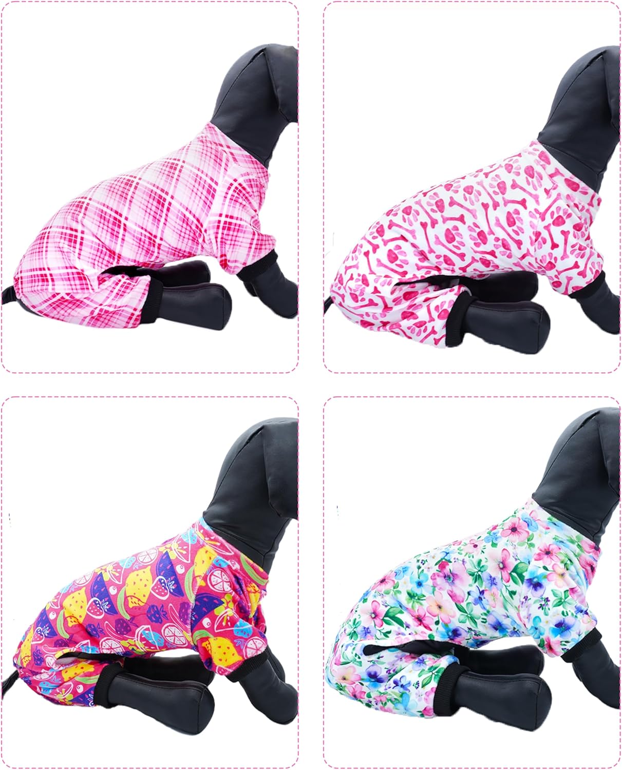 PET SHOW 4 Pack Small Dog Pajamas Cute Paw Bone Clothes Doggies Soft Stretchy PJs Plaid Jumpsuit Puppy Cats Floral Fruits Onesies Outfits with Sleeve Pets Dachshund Costume(XS, Pink for Girls)