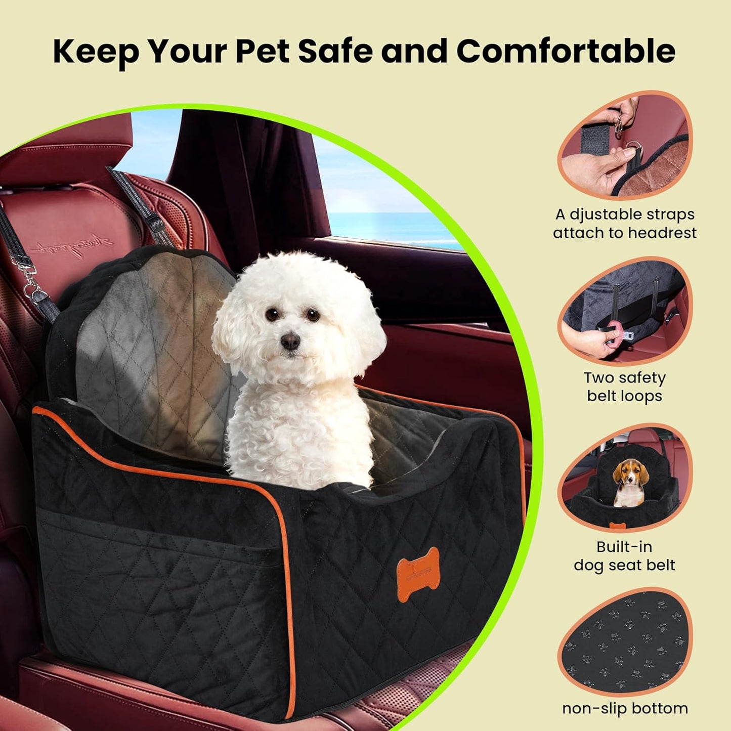 Dog Car Seat for Small Dogs Under 30lbs, Detachable Washable Pet Booster Seat with Safety Belt & Storage Pockets, Travel Car Bed, Black/Grey
