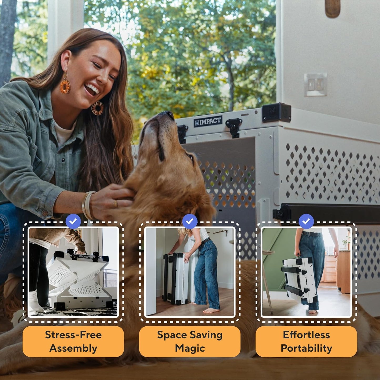 Impact Collapsible Dog Crate - Foldable Hard Crate for Large Dogs - Heavy Duty Travel Kennel with Powder-Coated Aluminum - Quick Setup for Indoor & Outdoor (White, 40" (40.5" L x 23" W x 29" H))