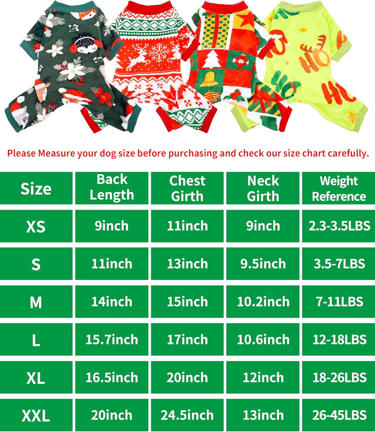 PET SHOW 4 Pack Christmas Small Dog Pajamas Holiday Dog Clothes Doggies Girl Boy Soft Stretchy PJs Xmas Jumpsuit Puppy Cats Onesies Red Green Outfits with Sleeve Pets Dachshund Costume S