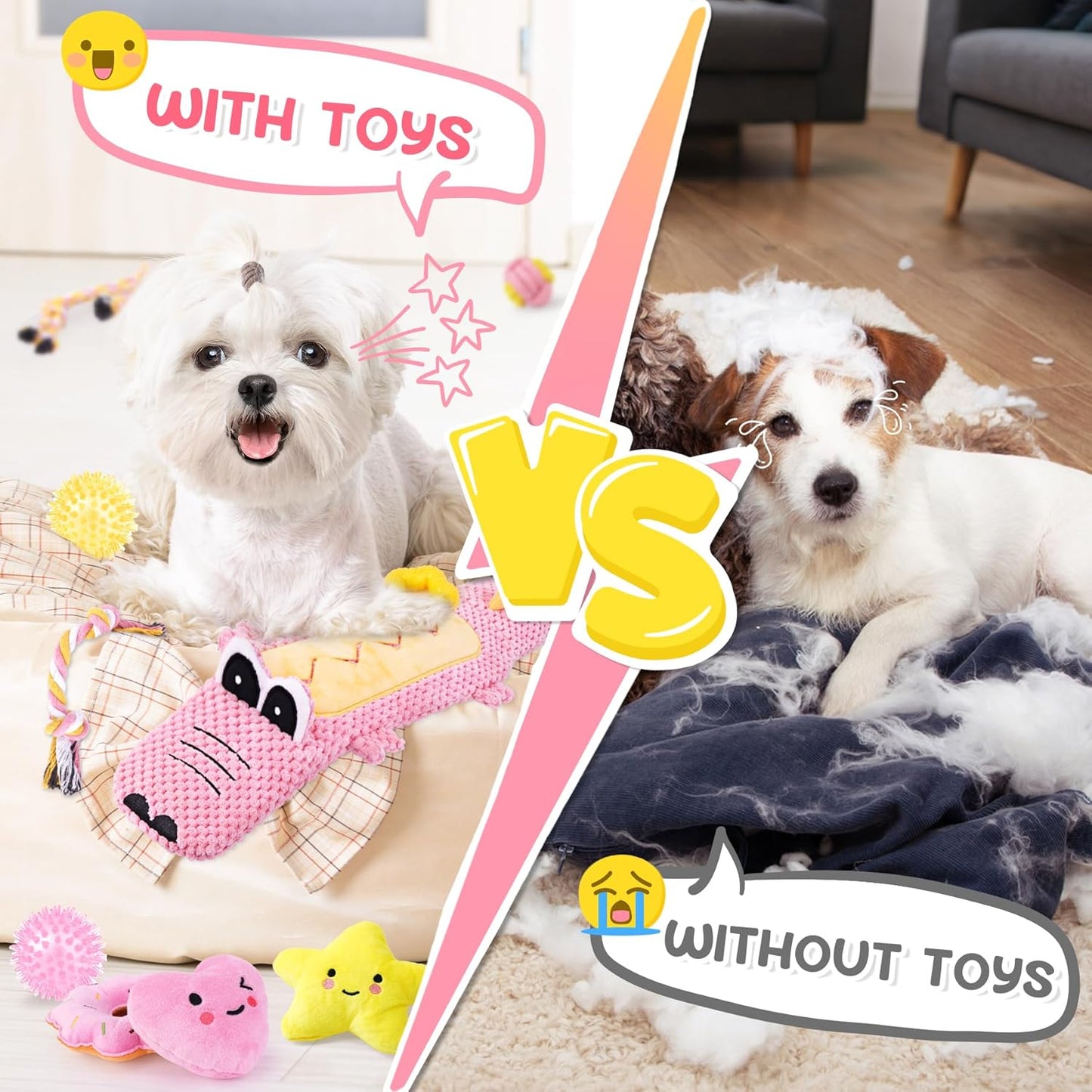 KIPRITII 25-Pack Pink Dreamy Dog Toy Set for Small Female Puppies - Includes Sweet Rope Toys, Chew Toys, Cute No-Stuffing Squeaky Dog Toy for Boredom and Teething