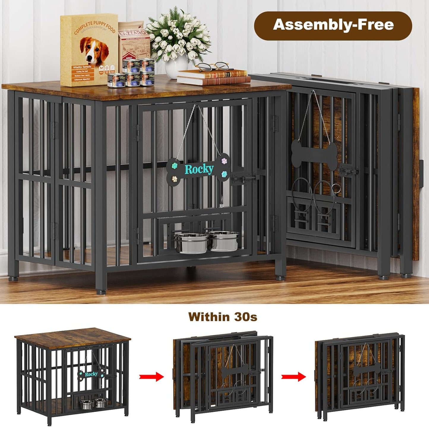 Easycom 31" Dog Crate Furniture Foldable, No Assembly Decorative Dog Kennel Indoor, Dog Crates for Small Dogs (20-40 lbs), Wooden Dog Cage with Adjustable Bowls and Name Tag, End Table, Rustic Brown