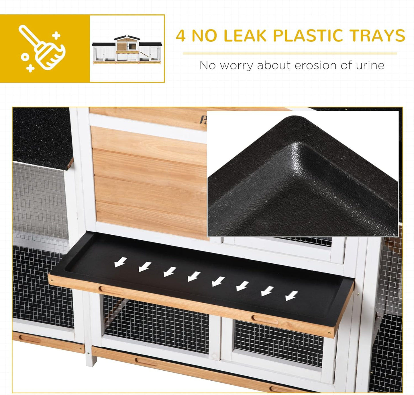 PawHut 90.5" Wooden Rabbit Hutch Bunny Cage Pet Playpen House Enclosure with Double Side Run Boxes, No Leak Tray, Ramp, for Rabbits, Chickens, Ducks, Guinea Pig and Small Animals, White