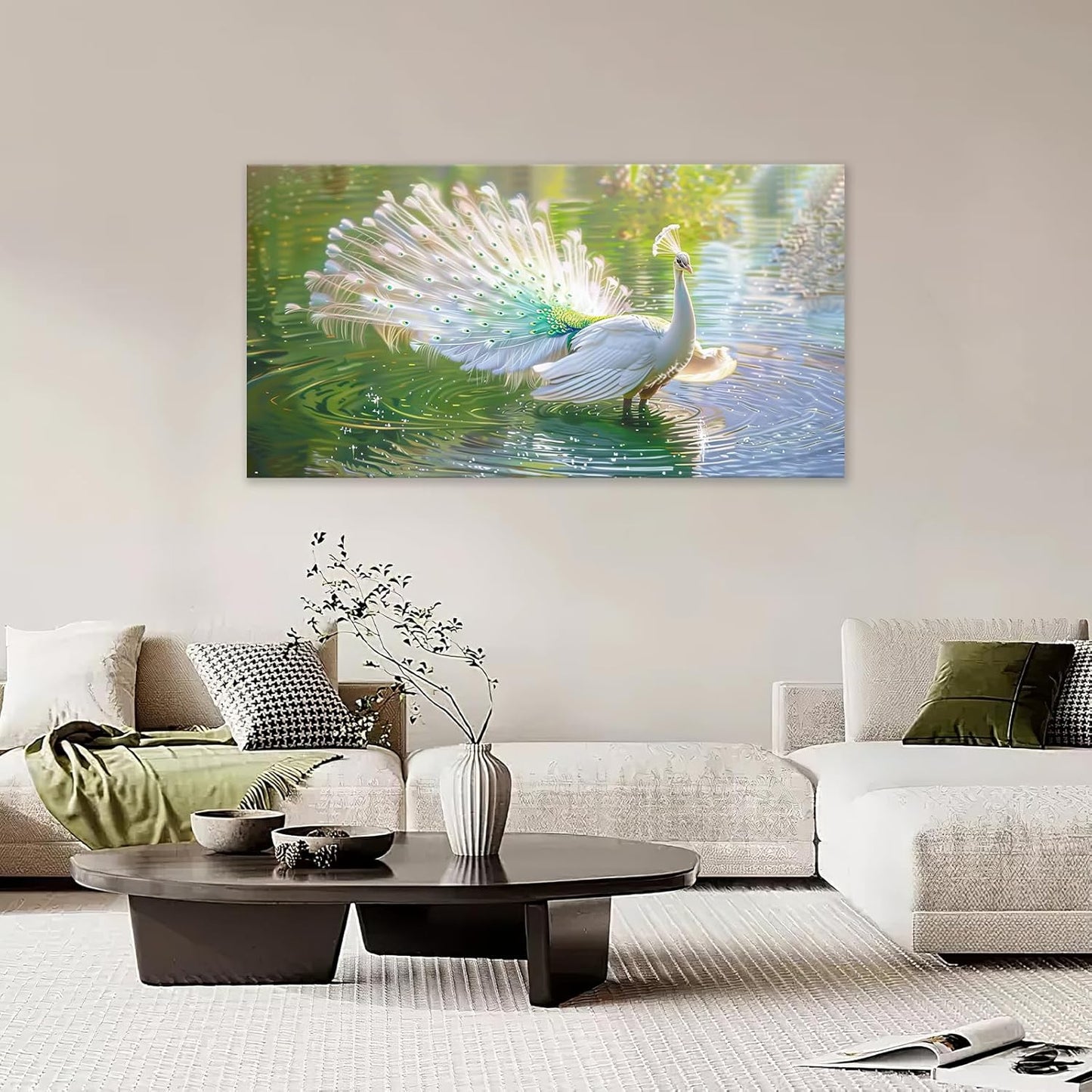 Large White Peacock Wall Art for Living Room Lake Colorful Peacock in Full Bloom Art Big Space Size Framed Bird Canvas Prints Pictures Painting Artwork Office Bedroom Home Decor 60"x30"
