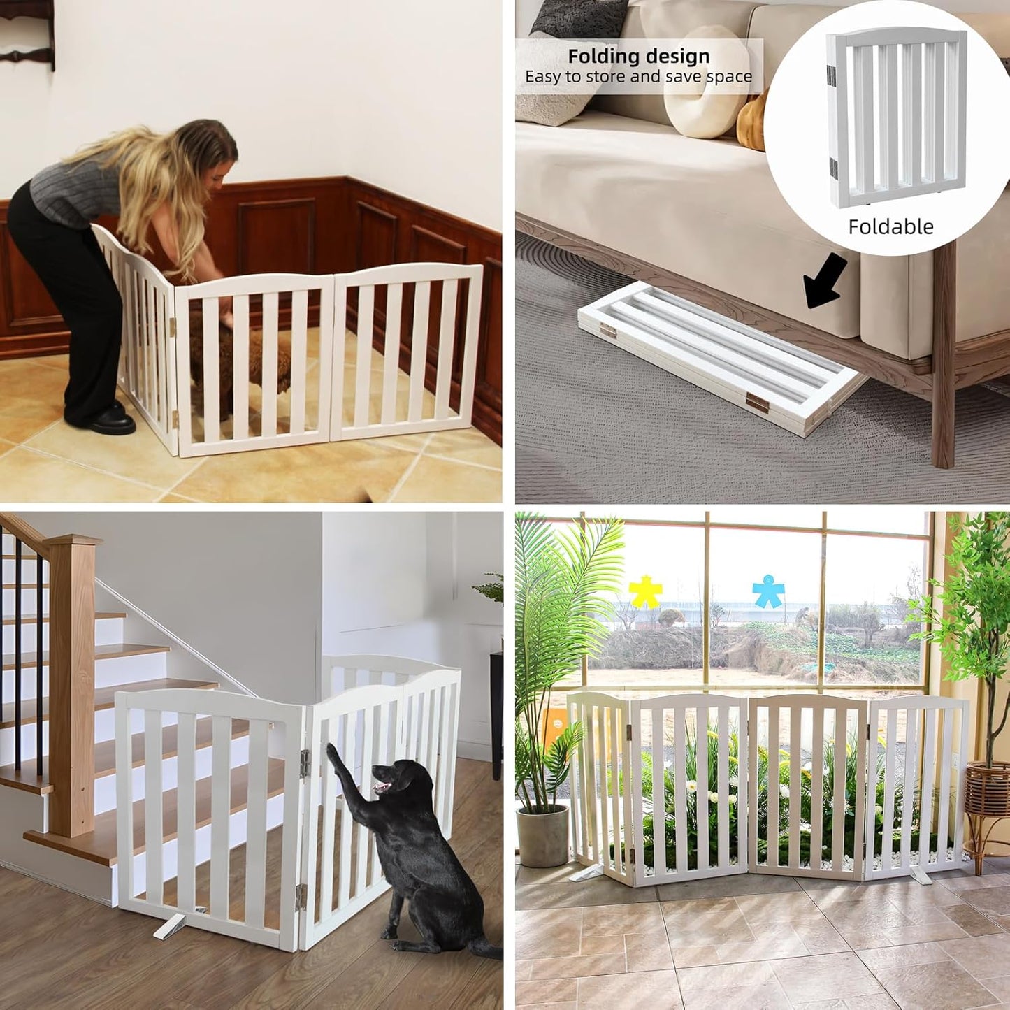 ZJSF Foldable Freestanding Indoor Dog Gate for House Wood White Long Pet Gates Dog Fence for Stairs Puppy Gates for Hallways,Pet Fence, Puppy Gate,Support Feet Included 32 "Height-3 Panels
