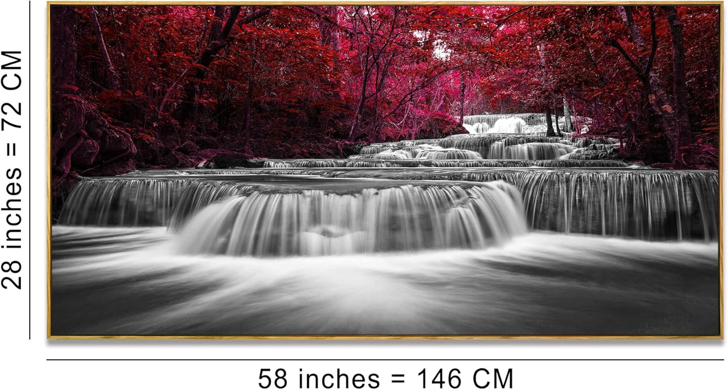 Lasdel Natural Extra Framed Canvas Wall Art of Wide Waterfall & Red Leaves Picture For Bedroom,Burgundy Nature Black White Artwork Decor,Beautiful Maple Leaves Landscape Print Painting,30x60