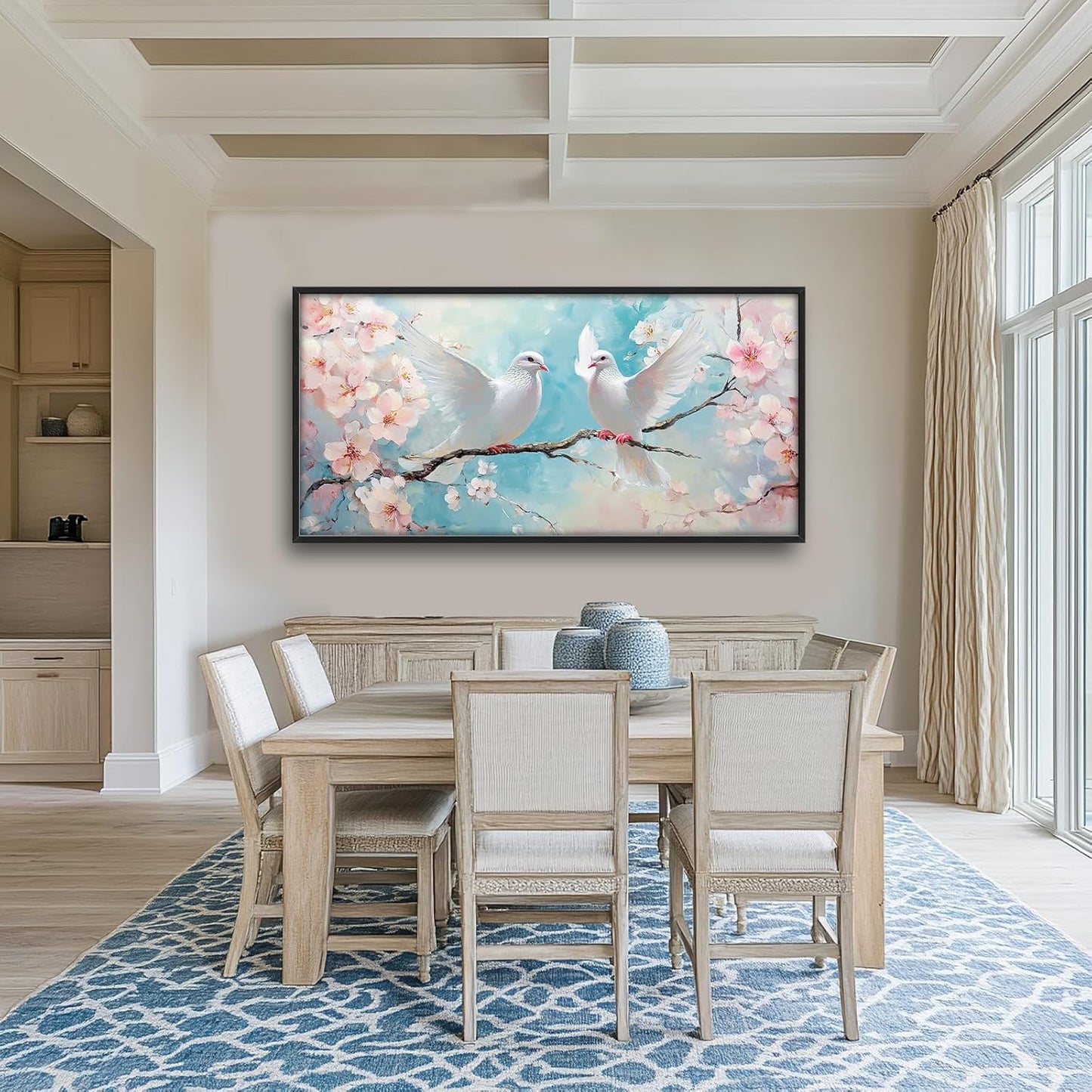 Large White Dove Flower Wall Art for Living Room, Framed Oversized Pigeon Cherry Blossom Wall Decor Nature Canvas Painting Modern Artwork for Living Room Bathroom Bedroom Office Dining Room 60"x30"