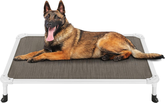 Veehoo Chew Proof Elevated Dog Bed - Cooling Raised Pet Cot - Silver Aluminum Frame and Durable Textilene Mesh Fabric, Unique Designed No-Slip Feet for Indoor or Outdoor Use, Brown, Large, CWC2003