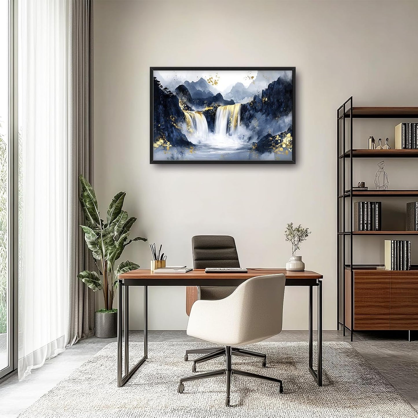 Extra Large Abstract Golden Waterfall Framed Wall Art for Living Room,Oversized Foggy Mountain Pictures Wall Decor,Canvas Print Painting Modern Artwork Bedroom Office Bathroom 36L" x 24W"