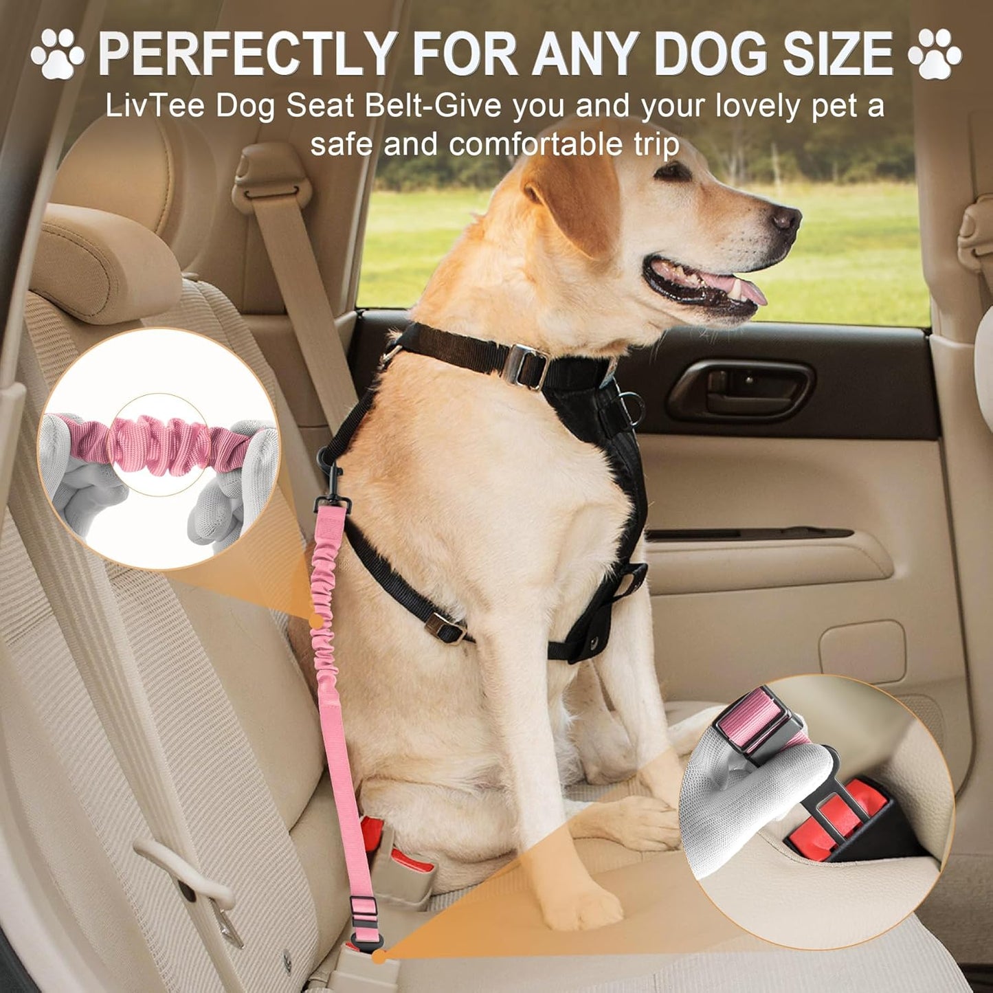 LivTee Dog Seat Belt for Car, Retractable Pet Safety Harness, Adjustable Nylon Dog Seatbelt Leash, Comfortable Dog Accessories for Vehicles (Light Pink-1PCS)