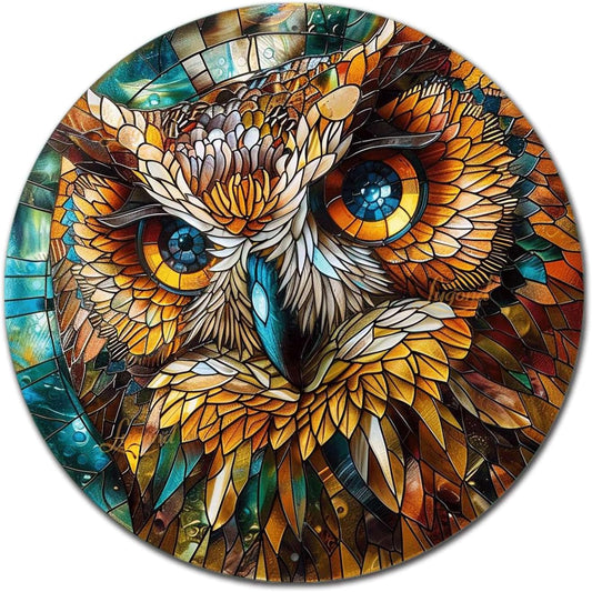 Lygond Metal Sign Tin Sign Circular Stained Glass Owl Metal Garden Sign for Club 12×12 Inches