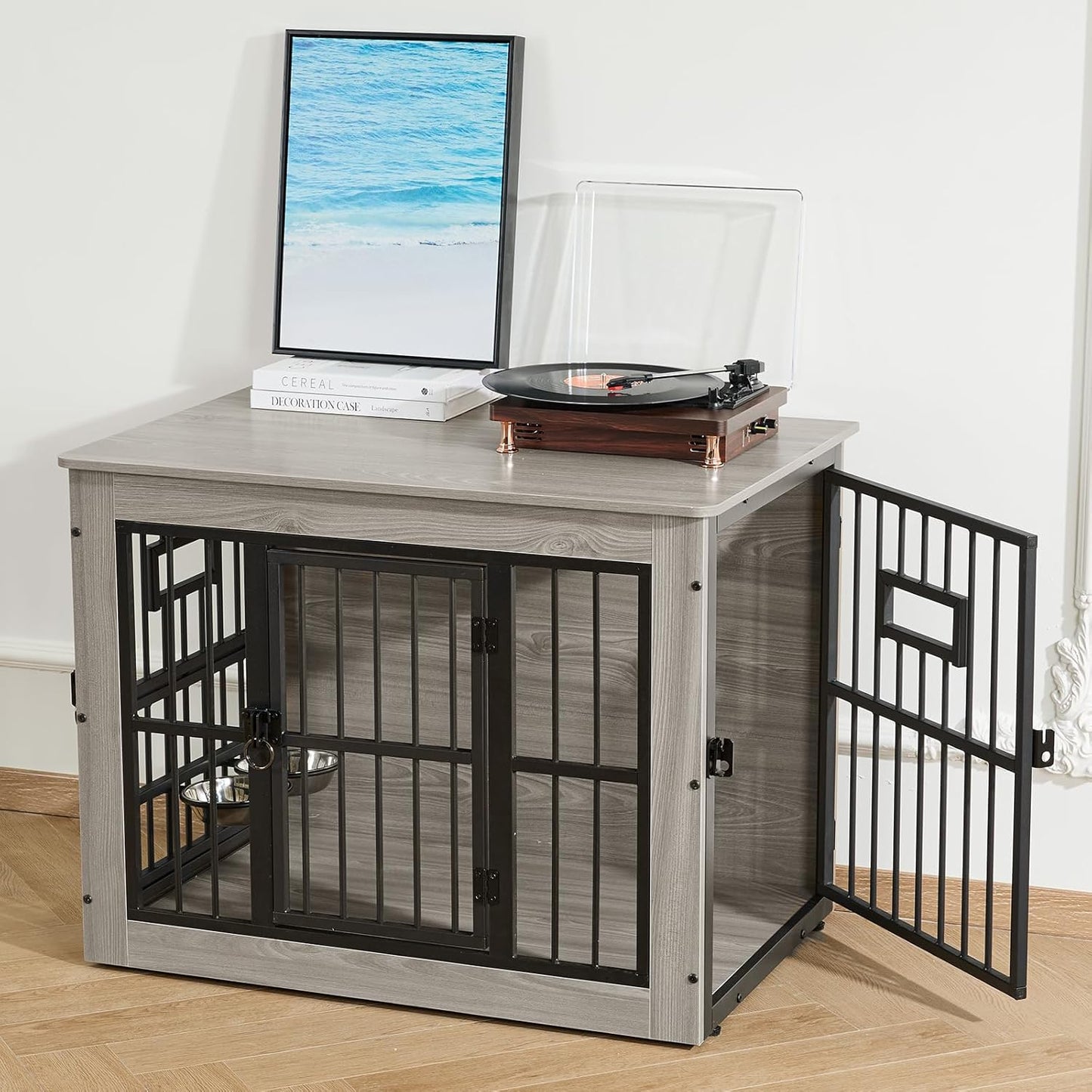 Gardner Pet Dog Crate Furniture for Medium Dogs, 32.7 Inch Dog Kennel Indoor, Wooden Dog Cage End Table with 2 Removable Bowls, Heavy Duty Dog Crate, Rustic Grey