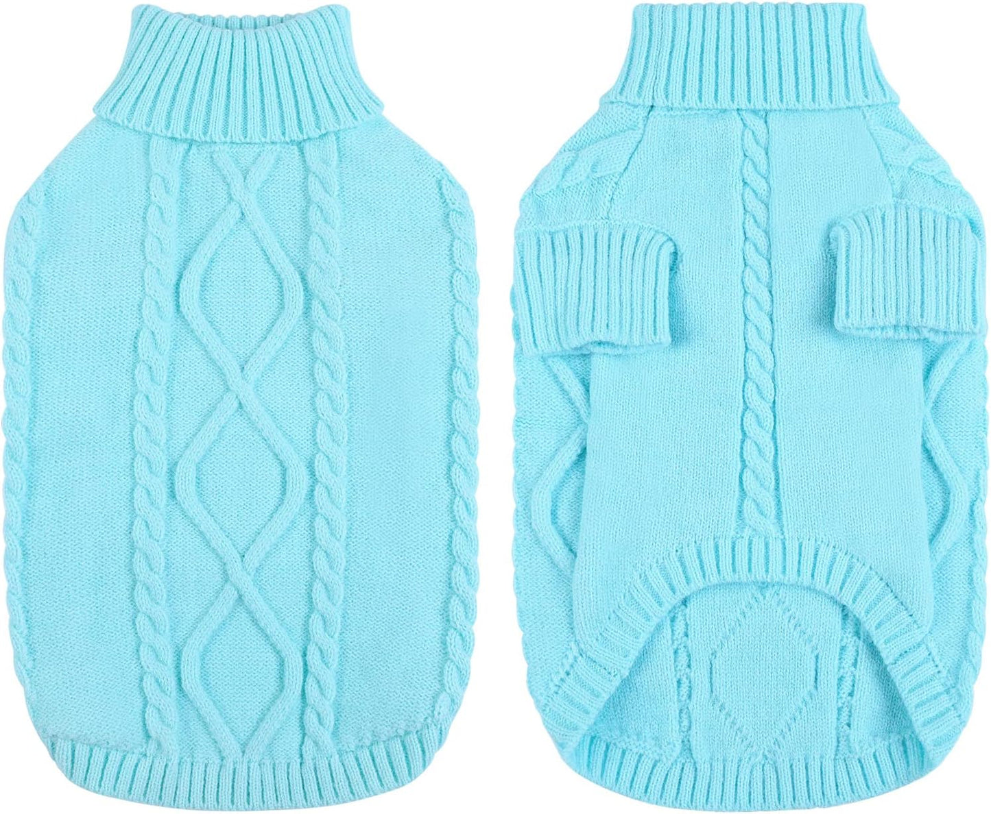 Queenmore Small Dog Pullover Sweater, Cold Weather Cable Knitwear, Classic Turtleneck Thick Warm Clothes for Chihuahua, Bulldog, Dachshund, Pug (Sky Blue, Large)