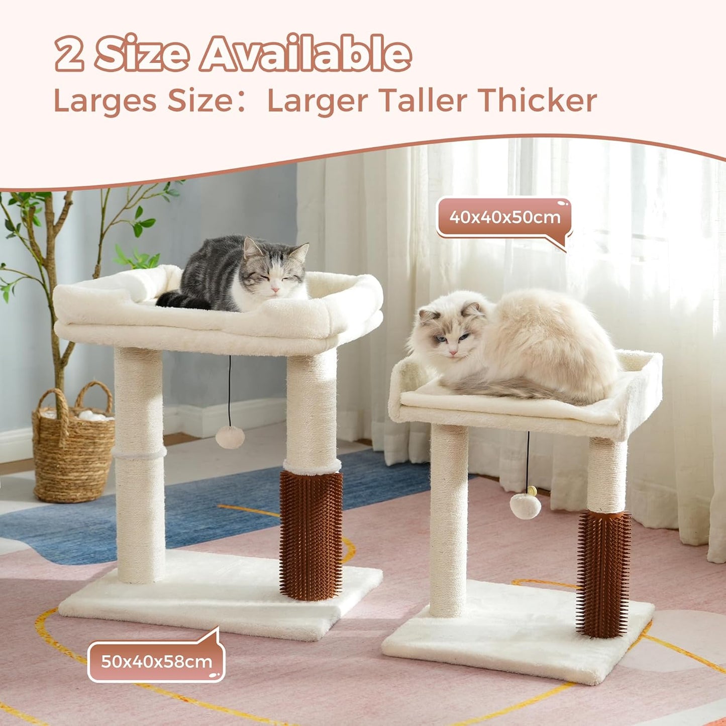 Cat Tree Tower for Large Cats Cat Scratching Post with Cat Self Groomer, 20x15.7” Wide Top Bed, Thick Scratch Post [Dia=4.5”] and Danging Ball Great for Indoor Cats-Large Beige