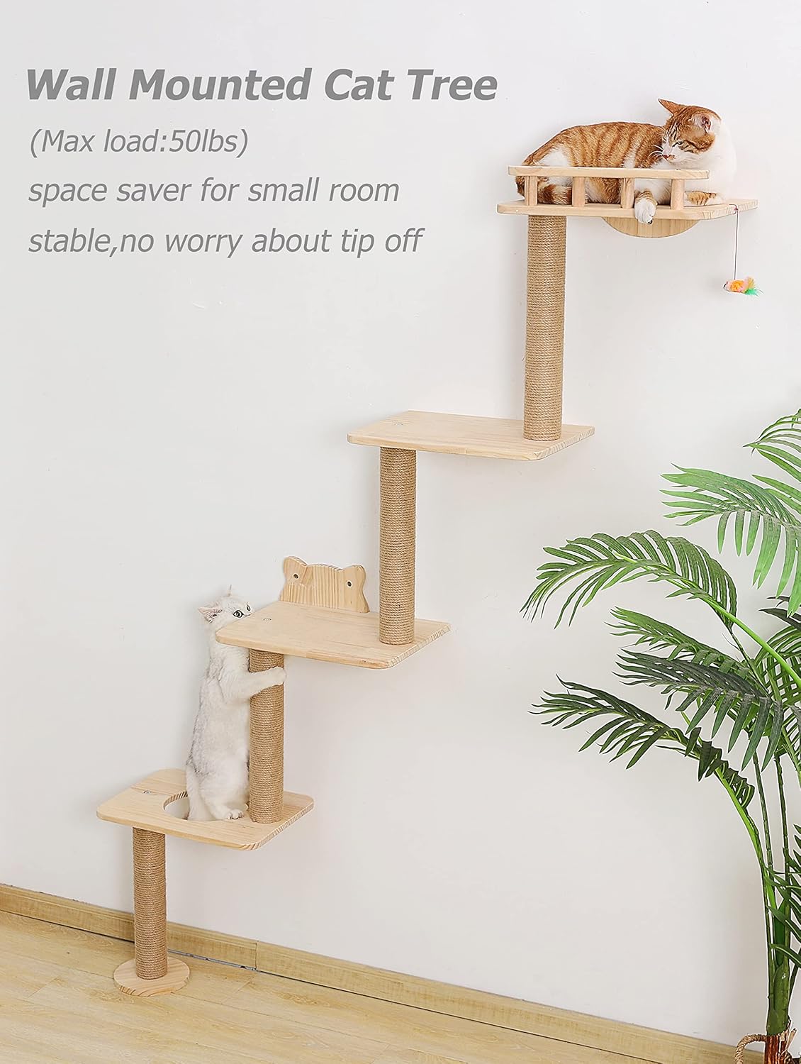 Cat Tree Wall Mounted with 4 Levels Shelves, 73" Wood Corner Tower Inside Kitten Playground for Climbing,Playing and Lounging (Left to Right)
