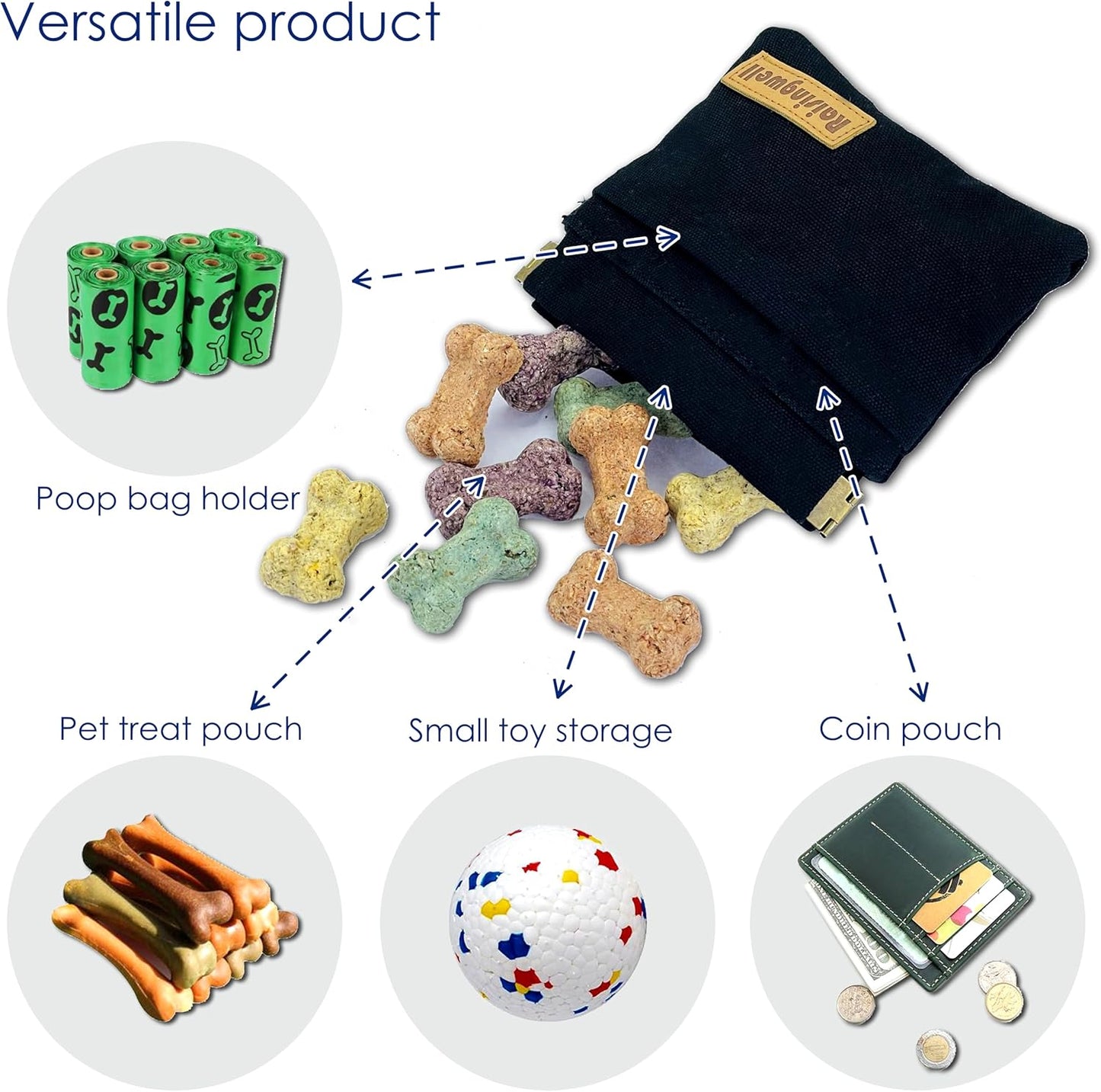 Dog Treat Pouch, Black Pocket Sized Pet Training Pouch, Cotton Fabric, Hand Free Dog Walking Bag with Carabiner, Self-Closing Pet Feed Snack Reward, for Pet Puppy Travel or Outdoor Use