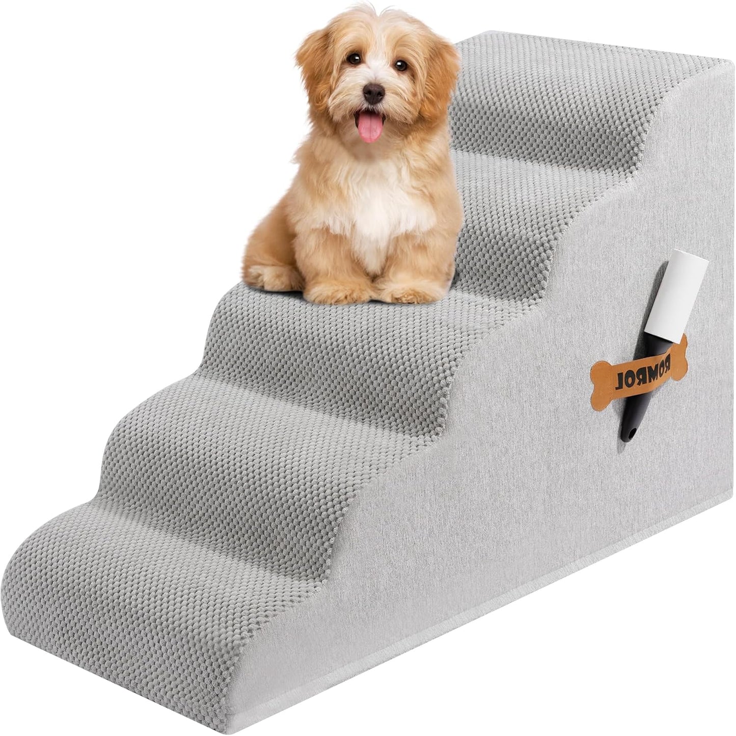 Dog Stairs, Romrol Dog Steps Ramp for High Bed and Couch, Dogs Ramp with Durable Non-Slip Waterproof Fabric Cover, Pet Stairs for Small Dogs and Cats or Pets Joints, 4-TiersLight Grey