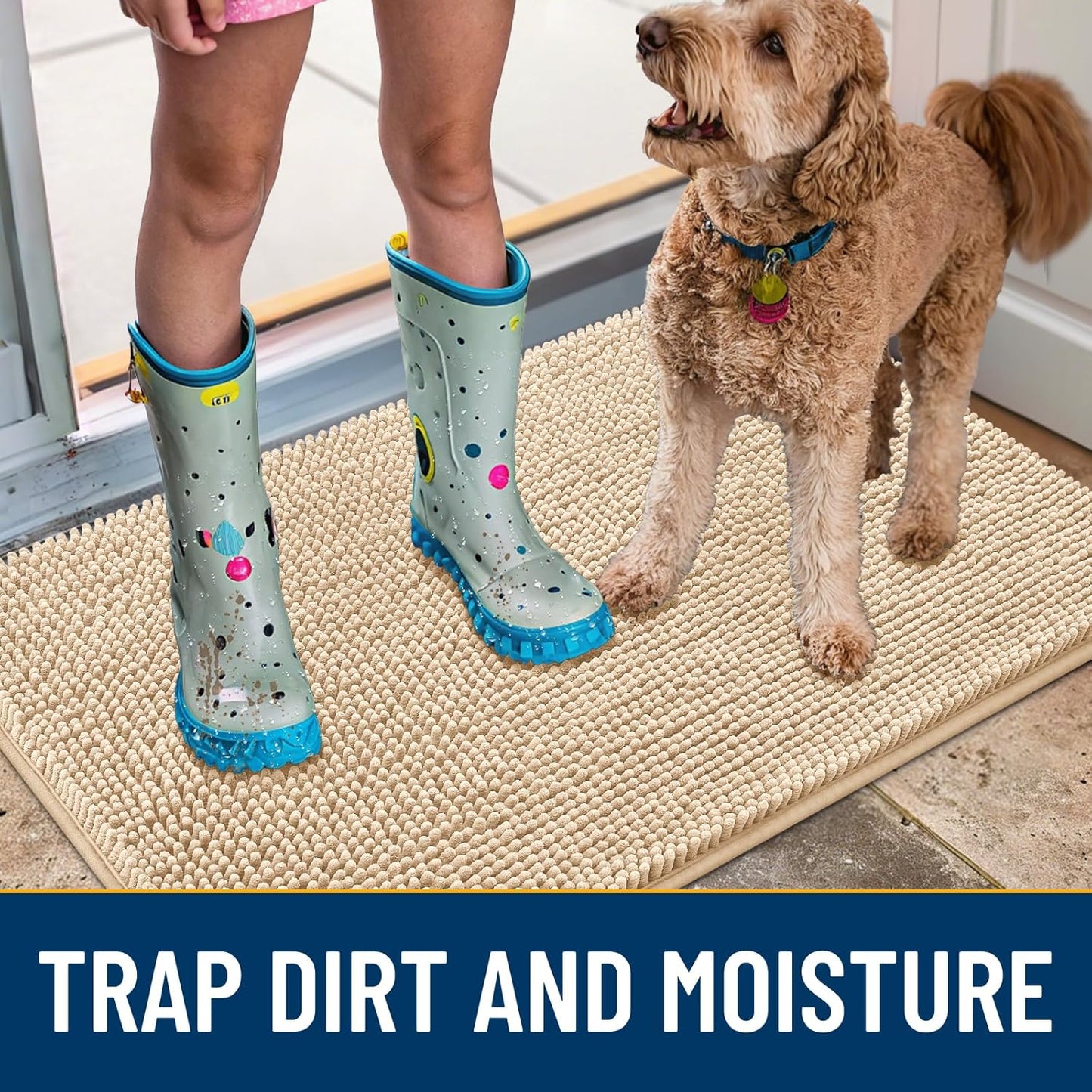 Smiry Dog Door Mat for Muddy Paws 36x24, Absorbs Moisture and Dirt Doormat, Non-Slip Washable Quick Dry Chenille Front Door Mat Indoor Entrance, Entryway Carpet for Inside Floor, Beige