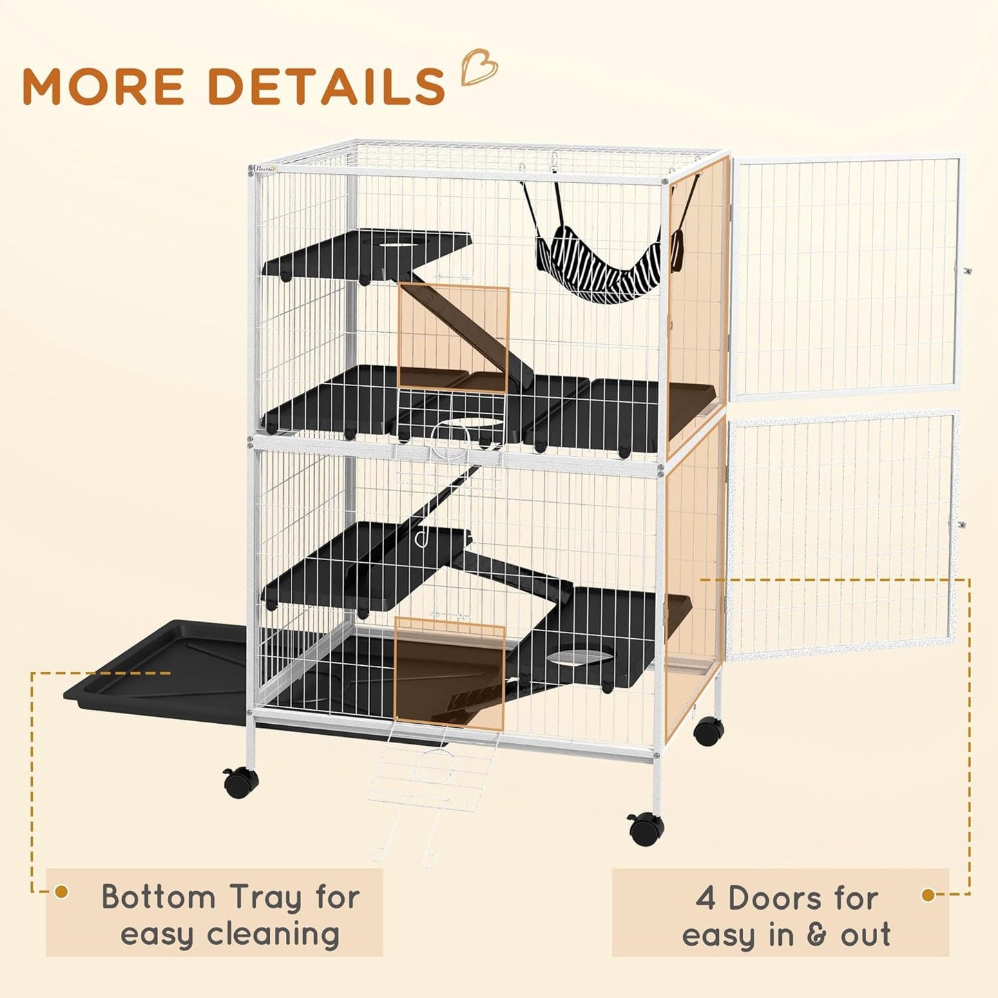 PawHut Metal Small Animal Cage, 5-Tiers Rolling Big Ferret Cage with Hammock, Removable Tray, for Chinchilla, Sugar Glider, White