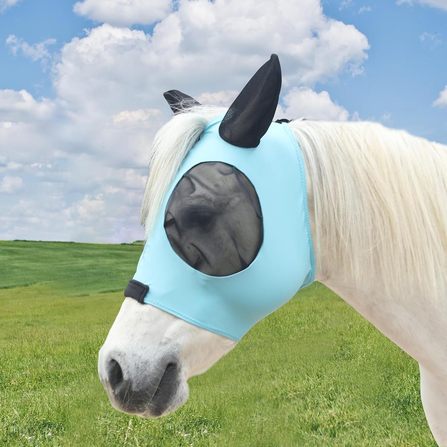 Stretchy Horse Fly Mask with Ears, Soft Lycra Equine Mesh Mask with UV Protection Face Cover, Pacific Blue, Full