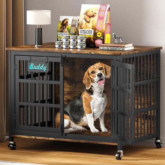 EasyCom 41"/33"/27" Dog Crate Furniture with Name Tag, Heavy Duty Dog Kennel Indoor for Medium Dogs, Double-Doors Sturdy Metal Dog Cage for Anxiety Dog, Decorate House as TV Stand, End Table