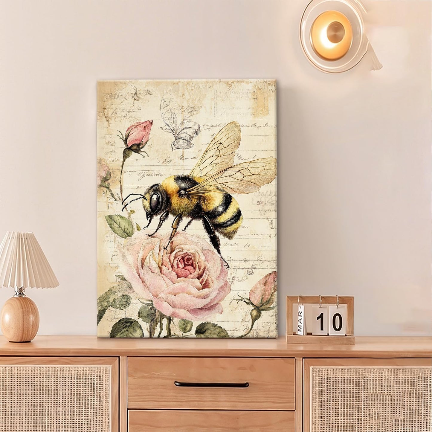 Rustic Bee Bathroom Pictures Wall Art, Vintage Floral Bathroom Wall Decor, Pink Rose Flower Framed Painting Canvas Artwork for Bedroom Living Room Decorations 24"L x 16"W