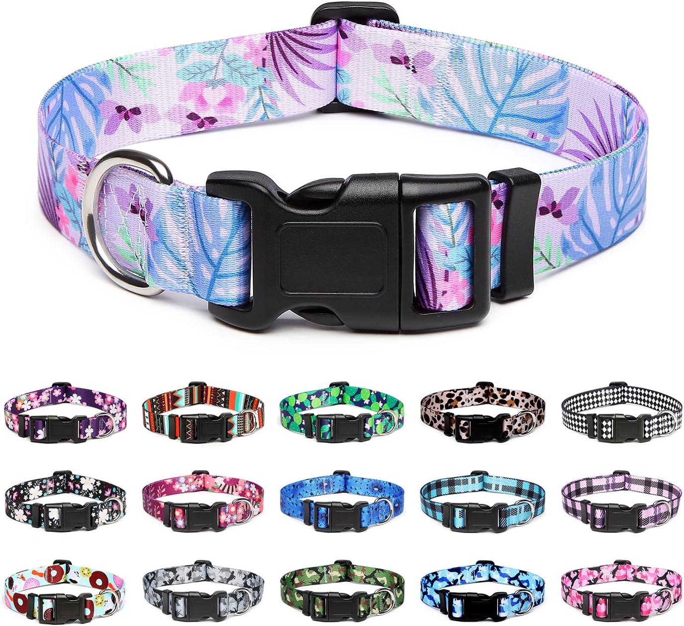 Mercano Adjustable Dog Collar - Special Design Patterns, Soft Nylon Comfortable Durable Pet Collar for Small Medium Large Dogs (L, Floral Purple)