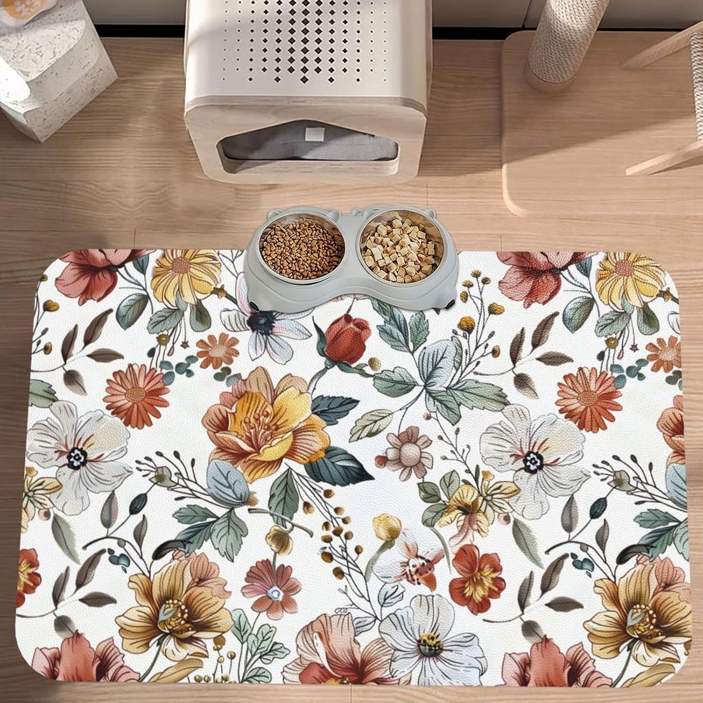 Flowers Pattern Dog Food Mat Absorbent Bowl Mats No Stains Quick Dry Waterproof Pet Cat Placemats for Food and Water, 30x45cm