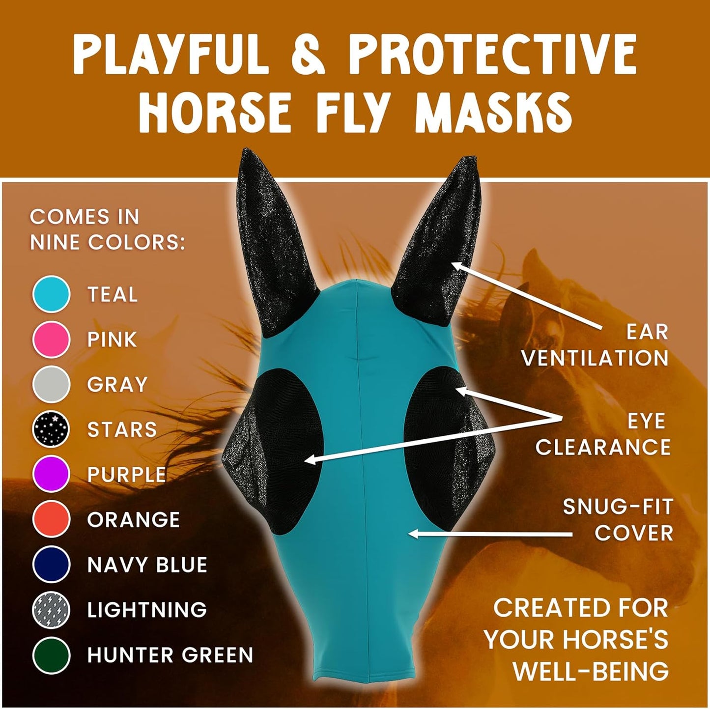 Horse Fly Mask - Arab Equine Fly Mask with Full Coverage for Eye & Ear - Stretchable, UV & Sun Protection Flymask for Horses, Ponies & Mini Horses - Horse Face Cover for Pasture & Trail - Navy