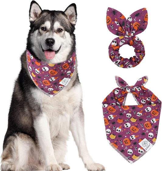 E-Clover Halloween Dog Bandanas & Matching Scrunchie Set Girl Cute Pumpkin Dog Scarf Bibs Pet Bandana with Bow Tie for Medium Large Dogs Owner Mom Purple Orange
