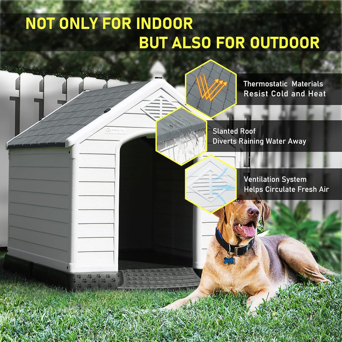 LEMBERI Durable Waterproof Plastic Dog House for Small to Large Sized Dogs, Indoor Outdoor Doghouse Insulated Puppy Shelter with Elevated Floor, Easy to Assemble (Gray, 34''L*31''W*32''H)