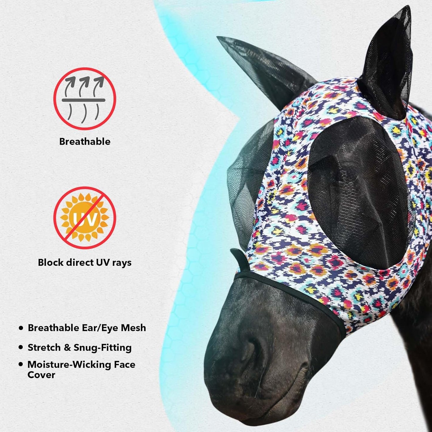 Harrison Howard Super Comfort Stretchy Fly Mask Large Eye Space with UV Protection Soft on Skin with Breathability Geo Feather L