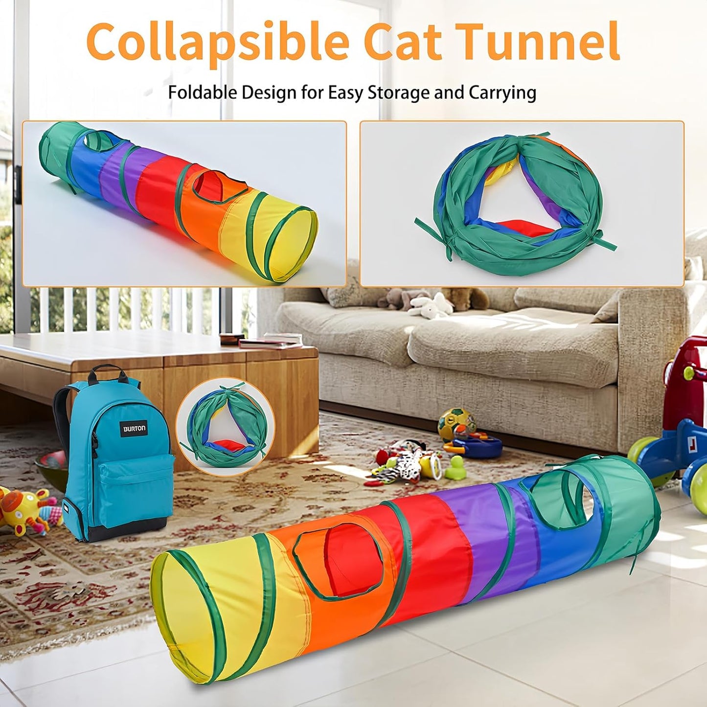 iCAGY Cat Tunnel for Indoor Cats Interactive, Rabbit Tunnel Toys, Pet Toys Play Tunnels for Cats Kittens Rabbits Puppies Crinkle Pop Up Rainbow 45"