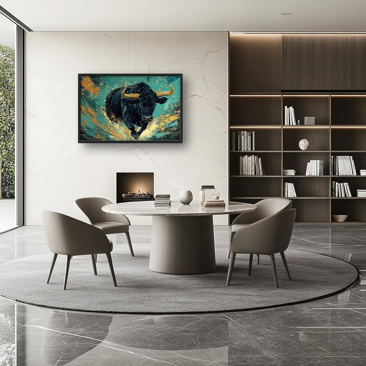 Large Bison Buffalo Wall Art for Living Room, Framed Oversized Bull Wall Decor, Abstract Teal and Golden Canvas Painting Modern Artwork for Living Room Bedroom Office Dining Room 36"x24"