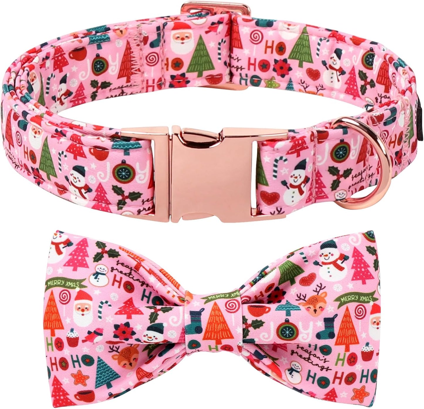 Lionet Paws Christmas Dog Collar with Bow tie,Cute Ho Christmas Tree Snowman Pink Dog Collar Bow Tie for Large Dogs Female, Neck 16-24 inches