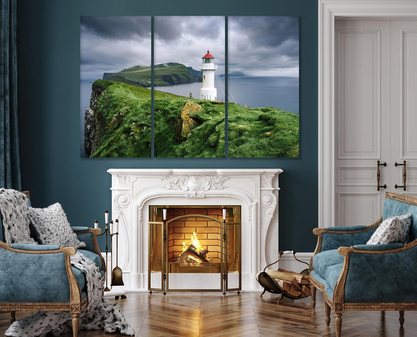 Nature Wall Art Prints - Ocean Forest Mountain Lake Canvas Landscapes - Small to Extra Large Living Room Bedroom Kitchen Bathroom Décor (Stormy Sky Lighthouse, 47L" x 71W" - 3 panels)