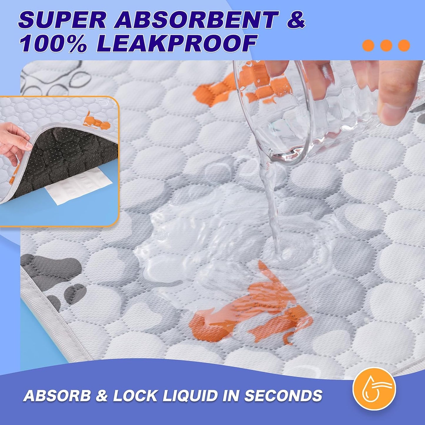 Washable Pee Pads for Dogs, 1 Pack Absorbent Reusable Training Dog Pads Pet Puppy Pads, Non-Slip Potty Pads for Whelping, Playpen, Crate, Bed, Orange, 65"x48"