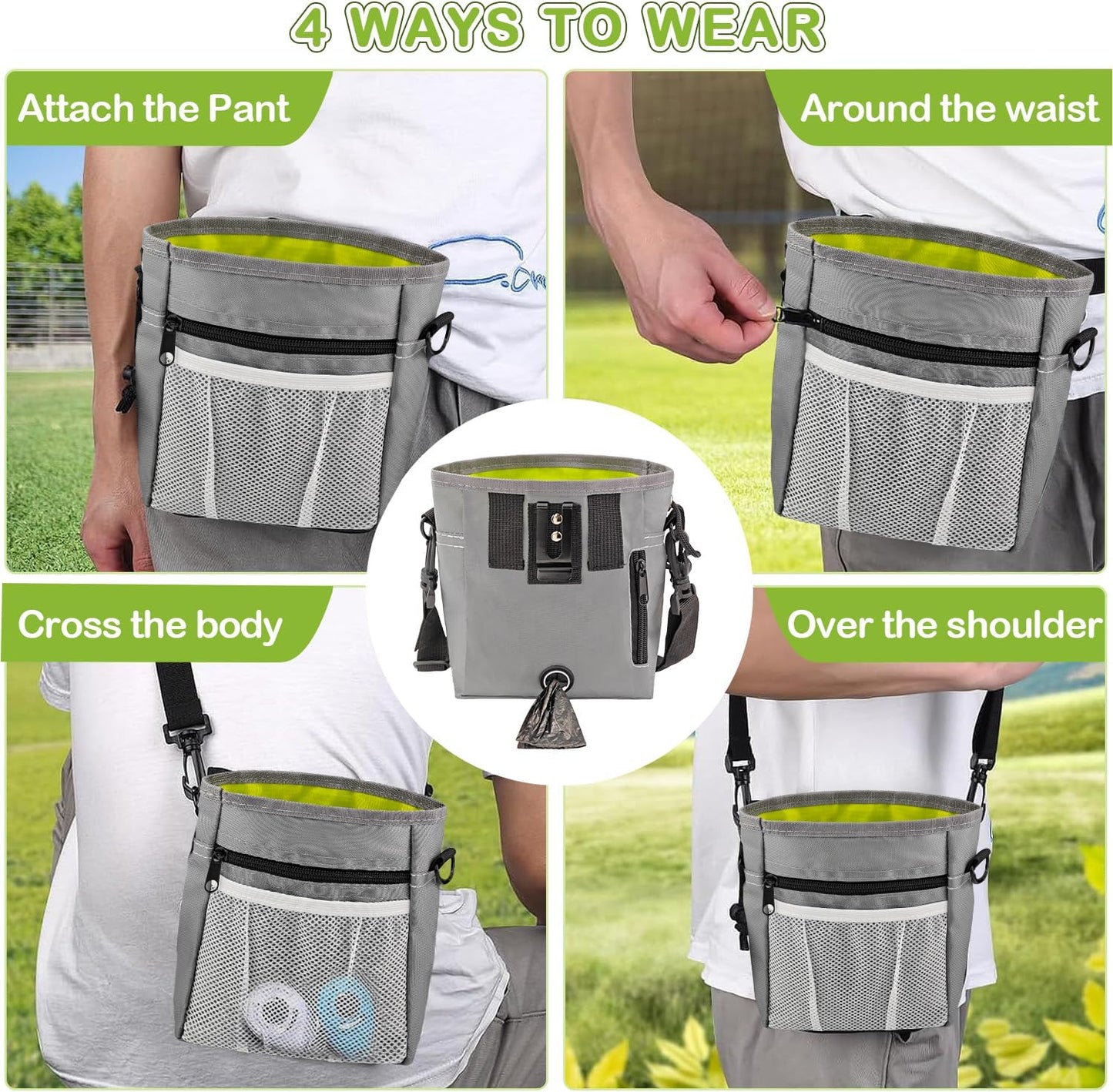 JIURUN Dog Treat Bag, Dog Training Kit - Treat Pouch, Pet Training Fanny Pack, Puppy Training Clicker, 2-in-1 Whistle Clicker, Collapsible Dog Bowl, 2 Dog Poop Bag（Gray）