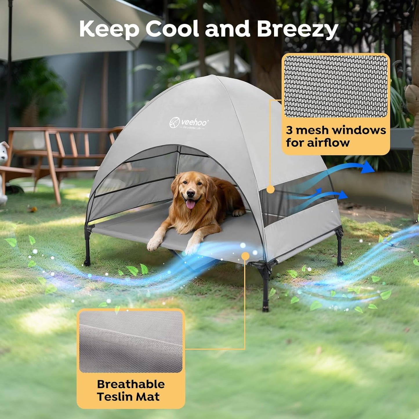 Veehoo Outdoor Dog Bed with Canopy, Cooling Elevated Pet Cot with Removable Shade, Non-Slip Feet, Raised Dog Cot for Large Dogs, Pet Tent Bed for Camping, Beach, XLarge, Grey, CWC2411