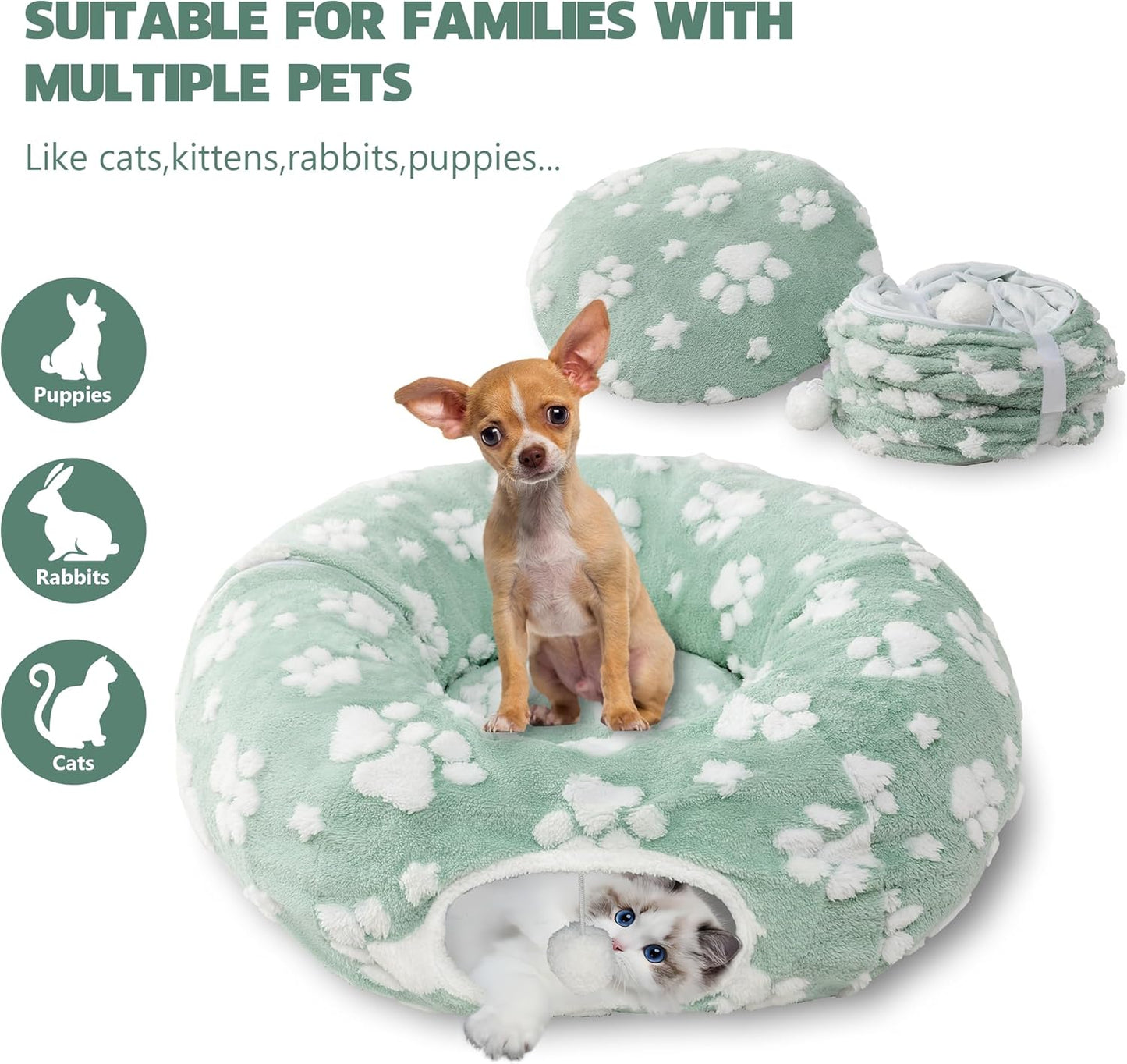 Cat Tunnel for Indoor Cats, Cute Peekaboo Cave with Dangling Balls, Pet Donut Tunnel Bed with Circle Mat for Puppy Kitten Rabbit, Green