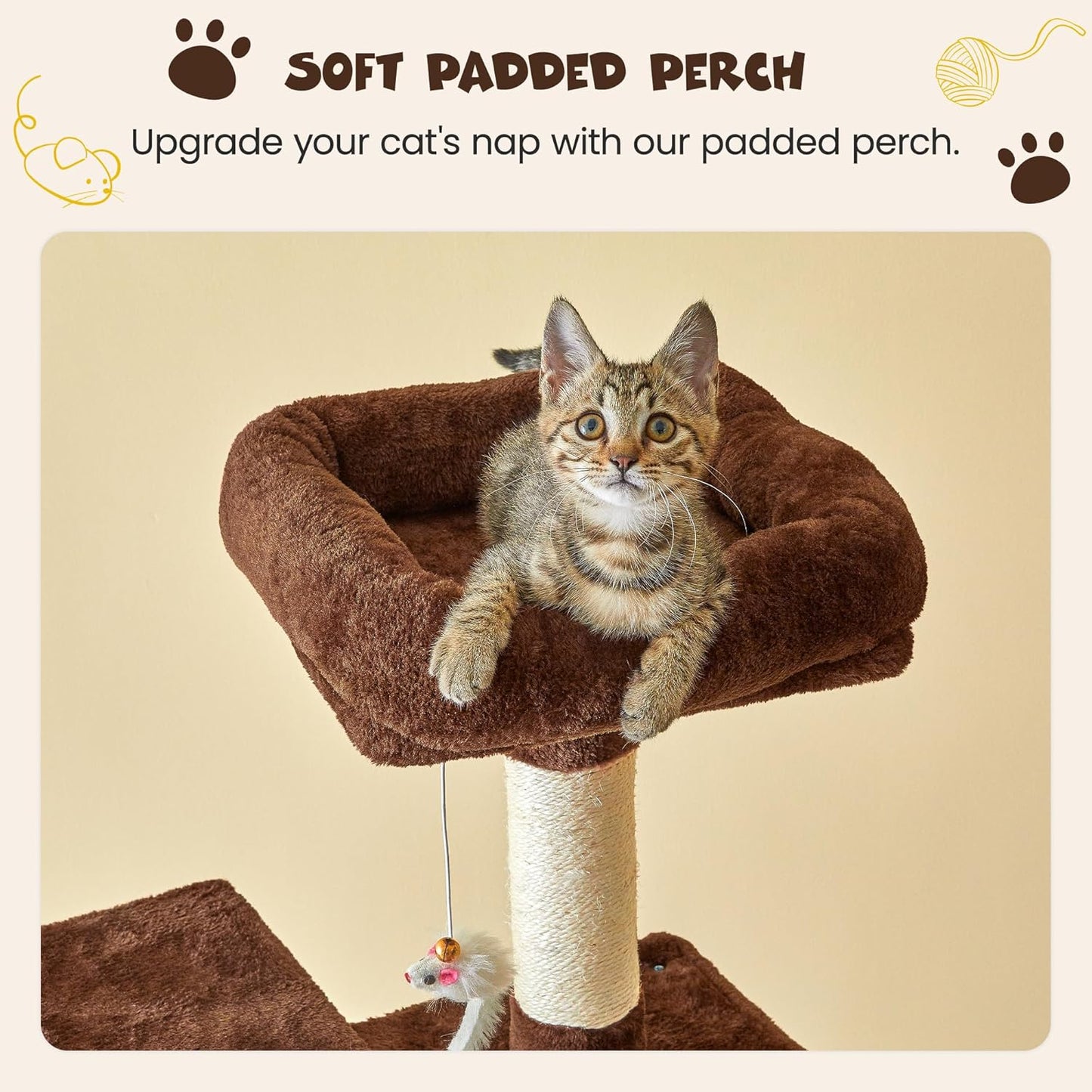 MWPO 63.8 inches Multi-Level Cat Tree for Large Cats with Sisal-Covered Scratching Posts, Padded Platform, Hammock and Condo,Stable Cat Tower Cat Condo Pet Play House (Brown)