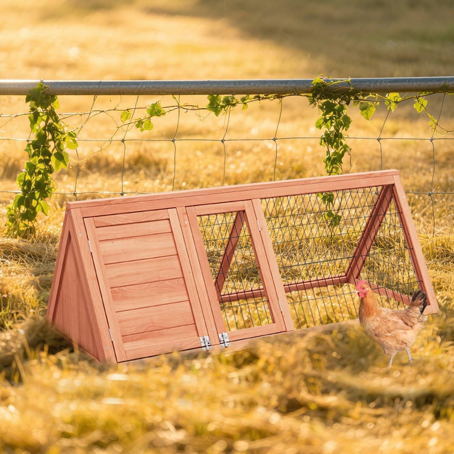 Chick Coop,Outdoor Chicken Run Cage Wooden Triangle Quail Coop with Ventilating Wire Poultry Hutch for Small Animals (Ntural Wood)