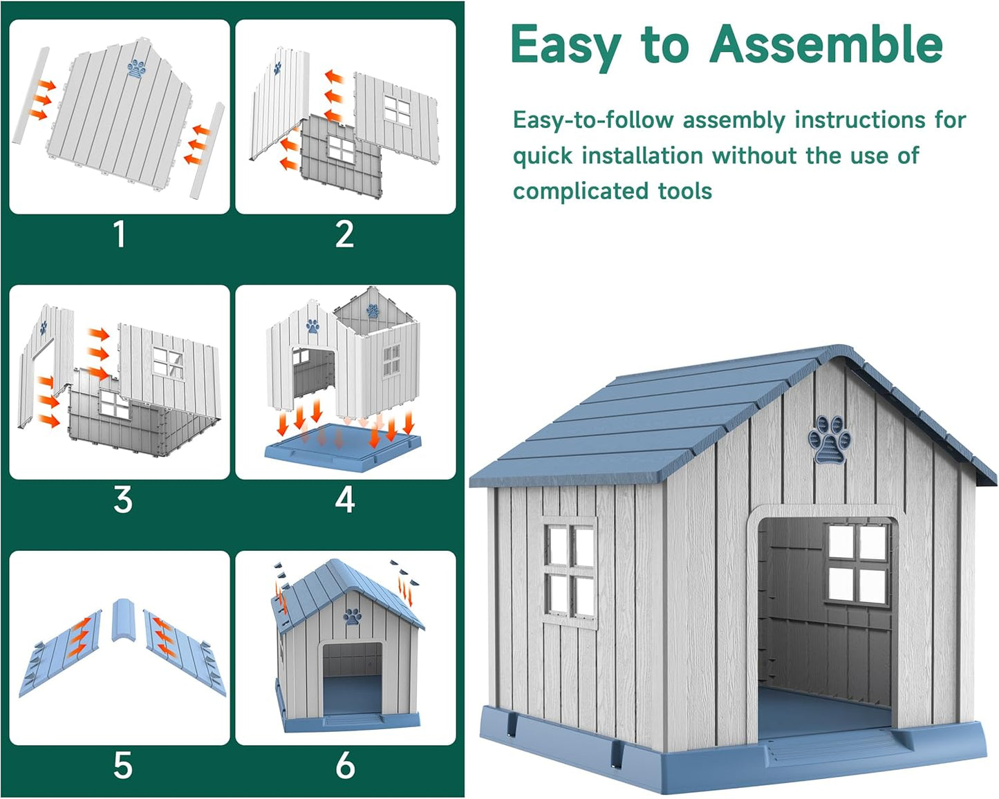 Vixzen 32in Large Outdoor Dog House,Durable Water Resistant Resin Dog House,Doghouse for Small to Large Dogs Indoor or Outside,with Air Vent and Elevated Floor,Blue