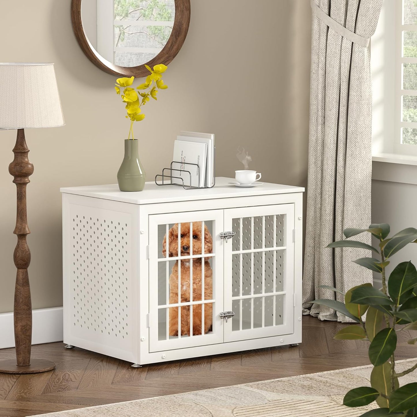 32" Heavy Duty Dog Crate Furniture for Small and Medium Dogs, Metal Kennel for High Anxiety Dogs, Chew Proof Pet Cage Indoor, Decorative Dog Kennel End Table, White