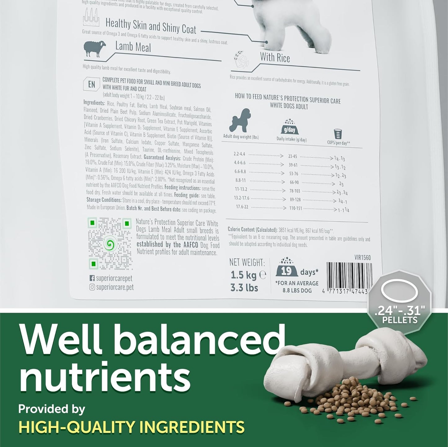 Nature's Protection Superior Care White Dogs Rice Based Dry Dog Food - High Protein, Tear Stain Dog Food for Small & Mini Breeds Light Coated Adult Dogs, Fresh Pet Meal, Lamb and Rice, 22 lb