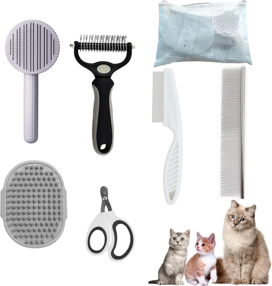 Cat Grooming Brush Kit 6 Tools - Deshedding & Dematting for Long/Short Hair, Self-Cleaning Slicker Brush with 6-in-1 Flea Comb for Cats & Kittens (White)
