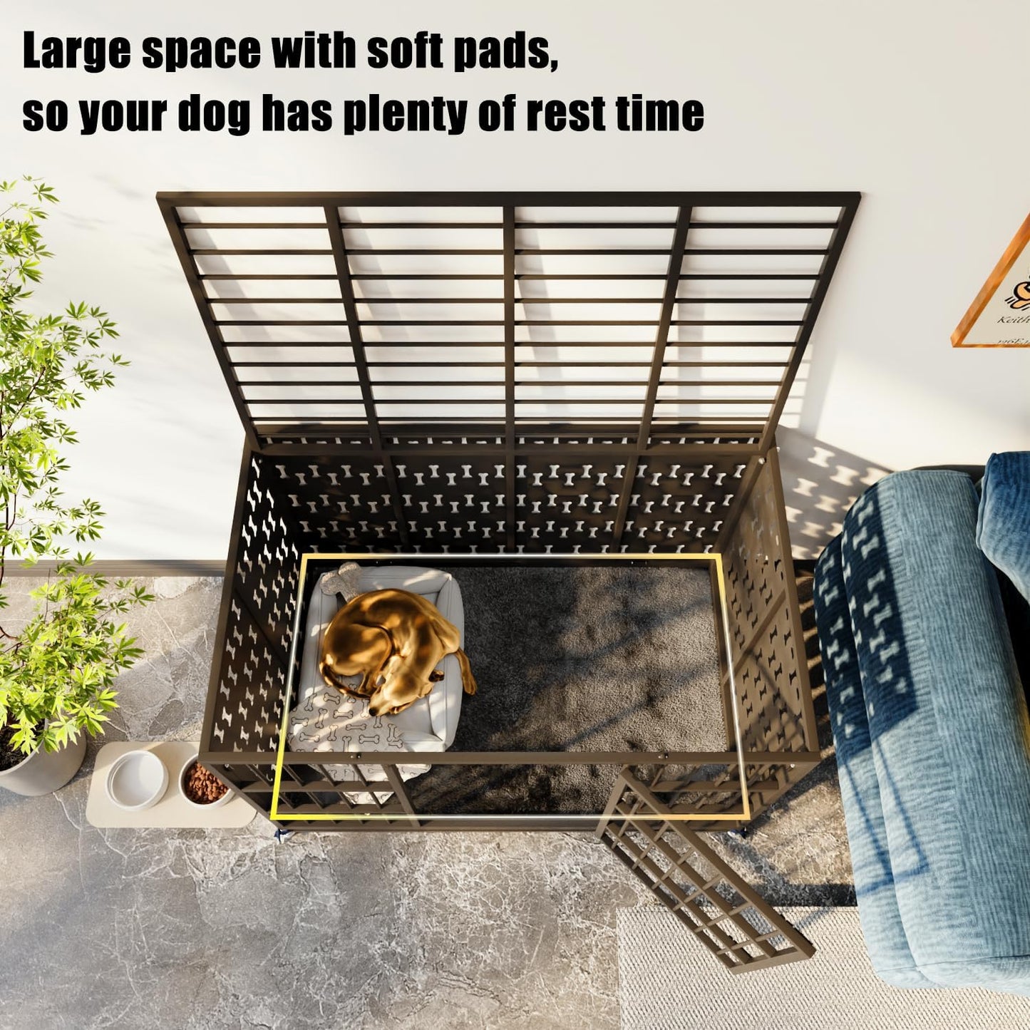 LEMBERI 48/42 inch Indestructible Heavy Duty Dog Crate, High Anxiety Extra Large Dog Cage for Large Dogs, XL Steel Escape Proof Dog Kennel with Cushion and Wheels (Black, 42.5''L*29.9''W*34.46''H)